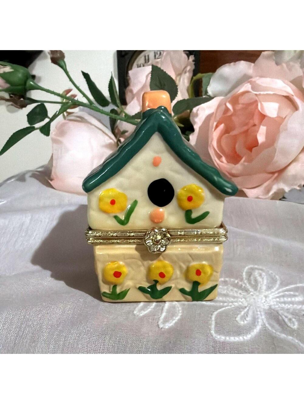 Hand Painted Porcelain Trinket Box Bird House Pink Yellow Flowers Vintage